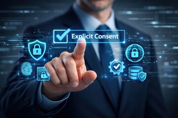 Obraz premium Explicit Consent Interface: A businessman in a suit interacts with a digital interface displaying icons related to security and data privacy.
