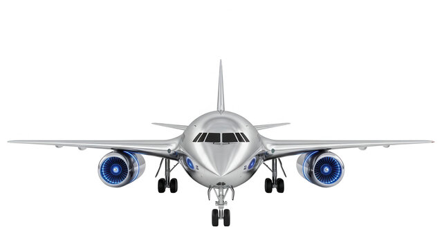 Silver airplane flying towards viewer with blue engines isolated on transparent background