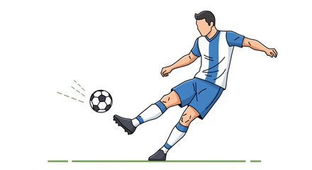 Obraz premium A male soccer player in a blue and white uniform kicking a football on a white background, showing dynamic action.