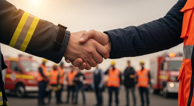 Two emergency responders shaking hands in a moment of solidarity and support