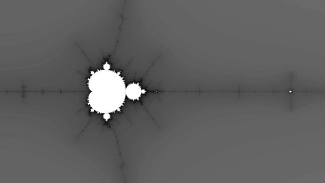 A monochrome sequence features hypnotic mandelbrot set transitions where metallic textures and intricate floral shapes merge into deep infinite loops of mathematical beauty and symmetry
