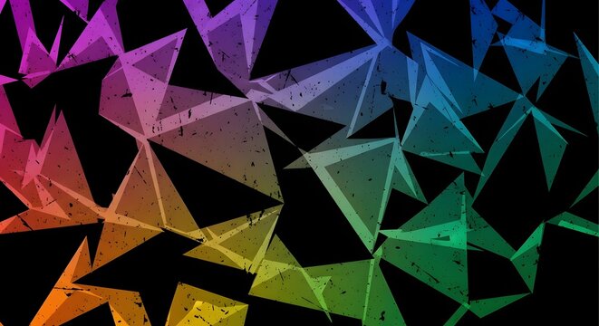 Abstract geometric rainbow shards on black background. Modern digital art and shattered glass concept. Vibrant triangular polygons creating a dark crystalline mosaic