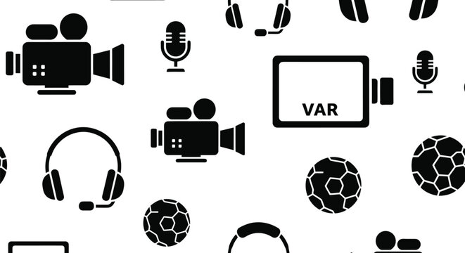 Soccer VAR technology seamless pattern vector with cameras, microphones, and football icons