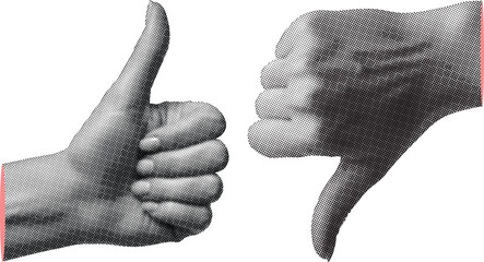 Trendy retro halftone thumbs up and thumbs down. Halftone gestures collage elements. Vector illustration. © Design Shop