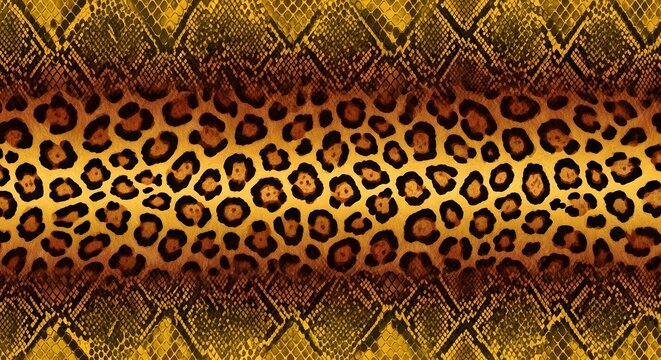 Golden leopard rosettes and snake skin border pattern. Horizontal exotic wildlife textile layout. Luxurious mixed animal print design with python scales and cat spots