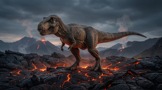T-rex dinosaur standing on rocky ground with volcano eruptions in the background with tyrannosaurus rex