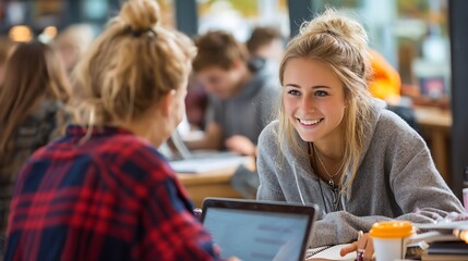 Obraz premium Two Young Women Engaged in Lively Conversation While Studying in a Cozy Café Environment