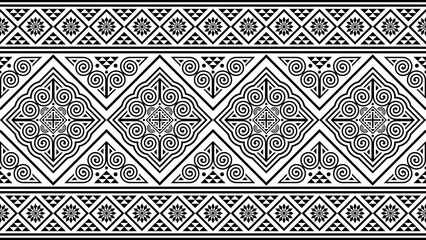 Hmong tribal design patterns feature unique black designs, suitable for use in clothing, blankets, and wallpaper. © NKSEE