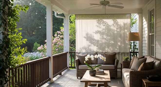 A beautifully furnished outdoor porch with comfortable seating, a ceiling fan, and a roller shade, overlooking a lush green garden on a sunny day.