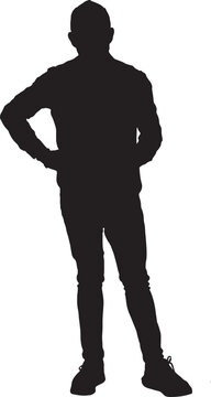 vector,  silhouette of Front view of a modern retired man standing and looking at the camera against a white background,arms akimbo