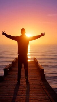 A person stands in silhouette at sunset, embracing the beauty of tranquility and freedom by the ocean.
