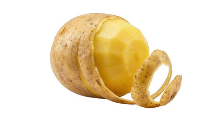 Potato with partially peeled skin on black background
