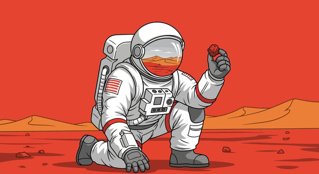 Astronaut Kneeling on Mars Holding a Red Rock, Exploring the Red Planet