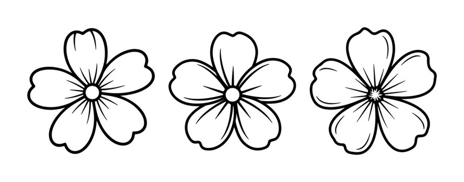 Minimalist black and white vector illustration featuring three different hand-drawn flower outlines with five petals, ideal for coloring books, stickers, and decorative design elements.