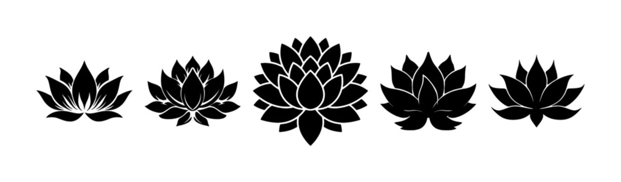A collection of five unique black lotus flower silhouettes in a horizontal row on a white background. Minimalist floral icons representing zen, meditation, and spiritual purity in flat style.