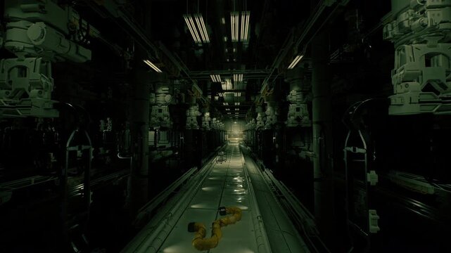 oppressive service tunnel soaked in sickly green glow, long reflective floor leading to distant exit, towering machines flanking aisle, abandoned industrial