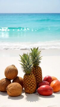 A vibrant assortment of tropical fruits set against a serene beach backdrop, perfect for summer themes.