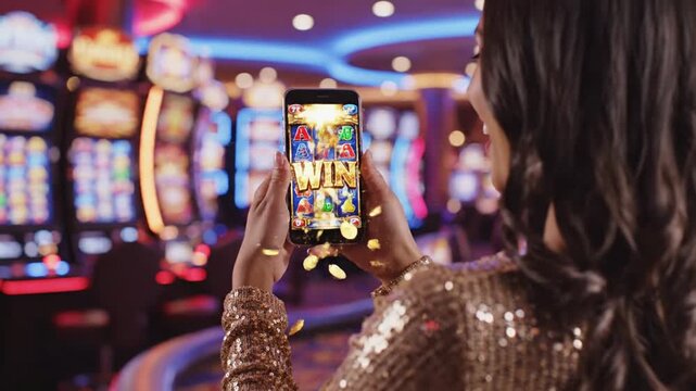 Close-up of a woman's hands holding a smartphone showing a big win on a mobile online slot machine game app with bright graphics and a jackpot announcement on the digital screen.