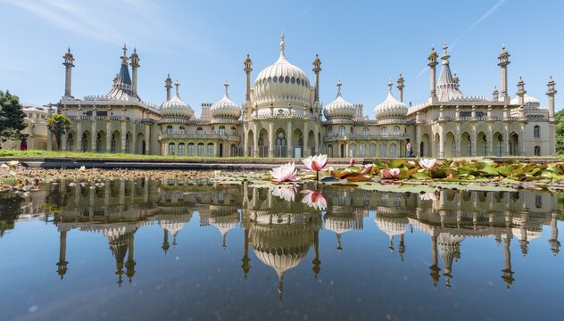 Water lilies in a pond in front of Royal Pavilion Palace, Mirroring, Brighton, East Sussex, England, Great Britain