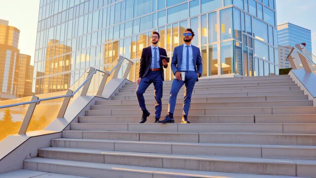 Business Partners Ascent: Two confident business associates, smartly attired, descend a modern outdoor staircase in front of a gleaming skyscraper, symbolizing progress and ambition.