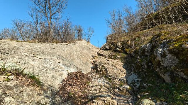 Walking Through Rocky Crevice &ndash; POV Adventure in Sunny Autumn. Ozren Mountain, Soko Grad. Balkans, Serbia.