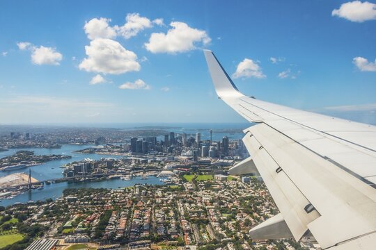 View from a plane, aerial view of Sydney, skyline with financial district, business district, Harbor Bridge, Sydney, New South Wales, Australia