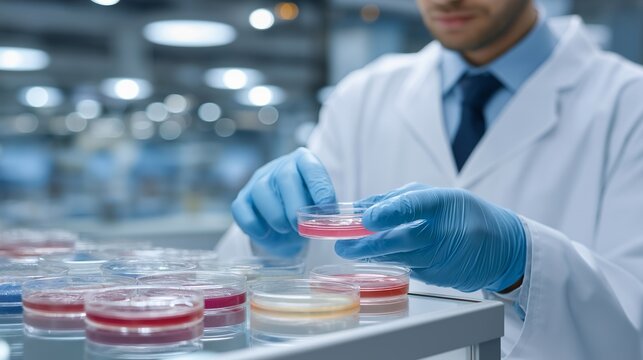 Medical research facility with rows of petri dishes containing different bacterial strains, microbiologist examining probiotic cultures under specialized lighting equipment, perfect for gut