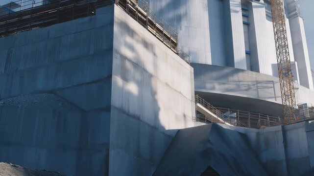 Coal plant cooling tower interior being retrofitted with carbon capture membranes, construction crew on scaffolding installs modular filtration panels against concrete walls, perfect for emission