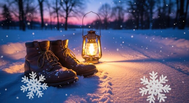 A pair of brown leather boots with laces and a glowing lantern on a snowy path at sunset, with snowflakes falling and a serene, wintry landscape in the background.
