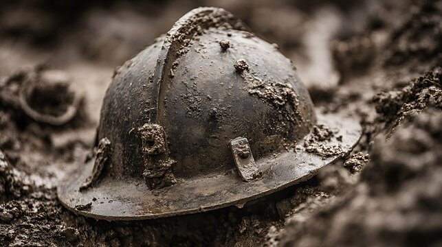 Mud covered world war i adrian helmet abandoned in a waterlogged trench, weathered relic evoking battlefield hardship, sacrifice and the grim reality of combat and loss