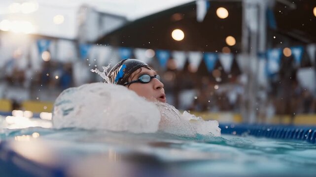 Competitive swimmer touching wall at race finish, water exploding, goggles visible, lane number clear, timing system displayed, victory moment, ideal for aquatic sports speed competition