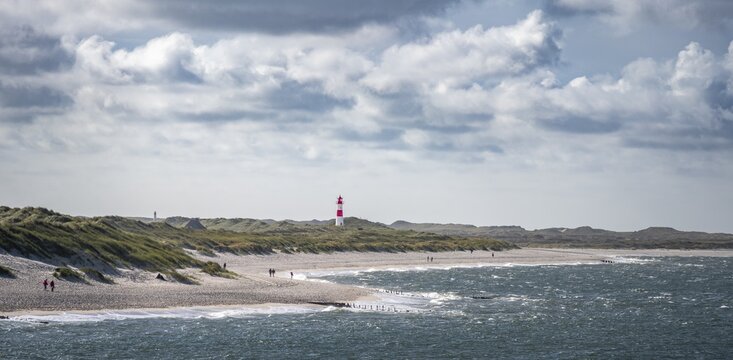Sea and red-white lighthouse List-East in the dunes, Ellenbogen, Sylt, North Frisian Island, North Sea, North Frisia, Schleswig-Holstein, Germany