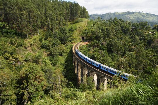 Train on the Nine Arches Bridge in the highlands near Ella, Sri Lanka