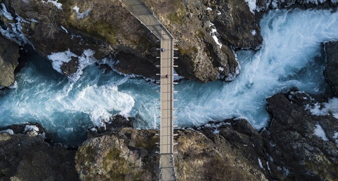 Aerial view, bridge and raging river Hv&iacute;t&aacute; from above, near the Hraunfossar waterfalls, West Island, Iceland