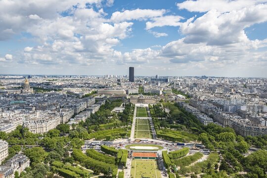Cityscape, view from the Eiffel Tower over Parc du Champ de Mars, Montparnasse Tower behind, Paris, &Icirc;le-de-France, France