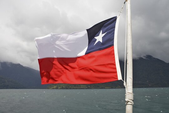 Chilean flag on an excursion boat, Lago Todos los Santos (All Saints' Lake), Vicente P&eacute;rez Rosales National Park, Regi&oacute;n de los Lagos (Lake Region), Chile