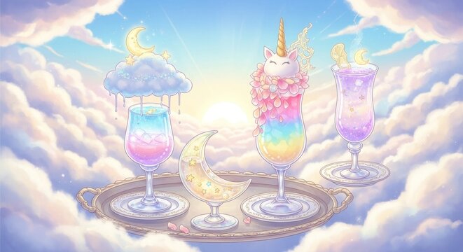 Four colorful, whimsical drinks with unicorn and rainbow motifs, set against a dreamy, cloud-filled sky.