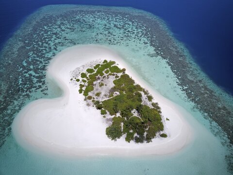 Heart-shaped, uninhabited palm island with sandy beach, offshore coral reef, Ari atoll, Indian Ocean, Maldives