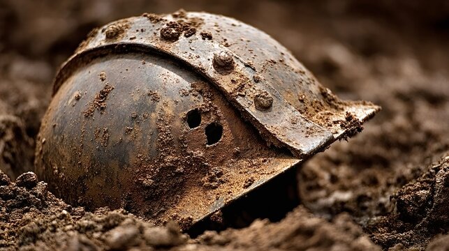 Adrian helmet, a relic from world war i, partly buried in dark soil showing heavy rust and bullet holes, representing conflict and remembrance of fallen soldiers