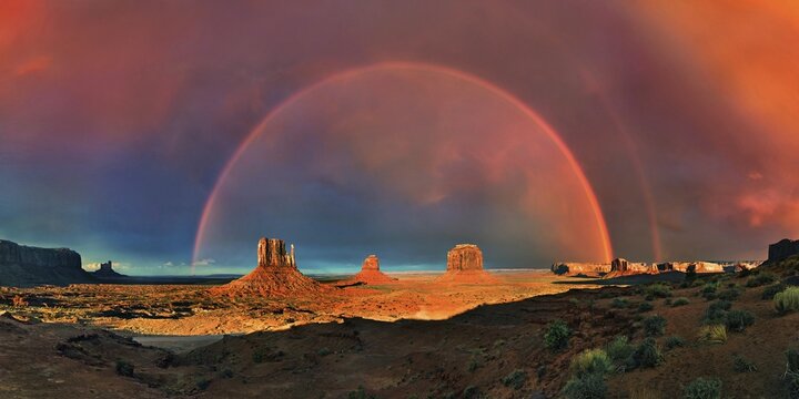 Panorama, Sentinel Mesa, West Mitten Butte, East Mitten Butte and Merrick Butte, with Rainbow, Monument Valley, Navajo Tribal Park, Arizona, USA, North America