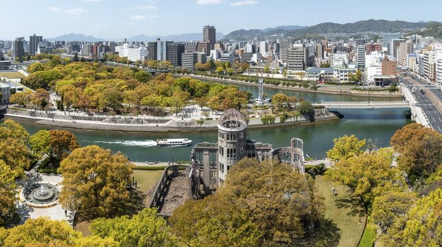 Panoramic view from Hiroshima Orizuru Tower over the city with atomic bomb dome, Atomic Bomb Dome, and Hiroshima Peace Park, Peace Monument, Hiroshima Peace Park, Hiroshima, Japan