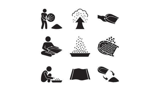 Illustrations depicting the stages of grain processing from harvesting to consumption