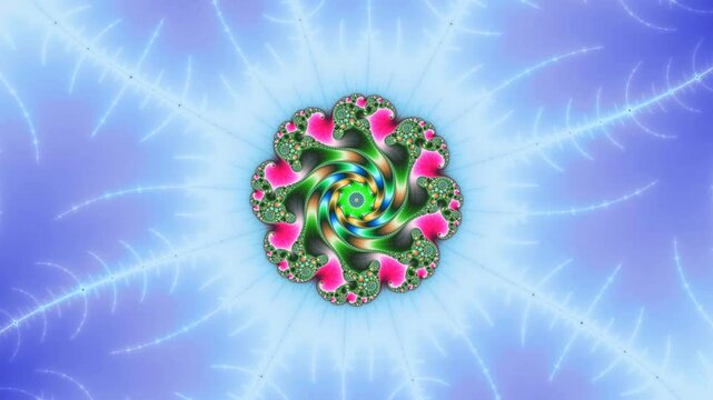 Psychedelic fractal imagery showcases mesmerizing spiral patterns and vibrant color gradients in a continuous zoom through self similar mathematical structures and infinite geometric complexity