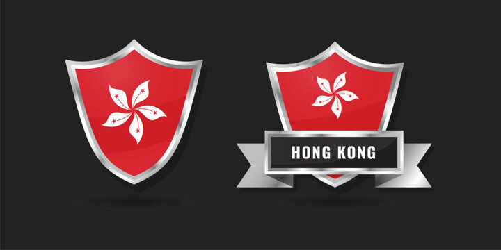 High-quality 3D metallic shield and ribbon featuring the flag of Hong Kong, designed for Asian business branding, international relations, and patriotic identity