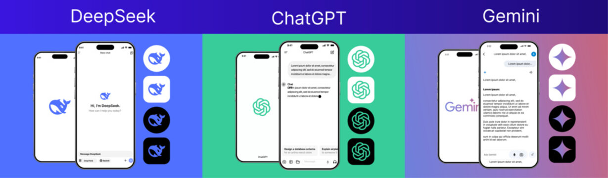 ChatGPT Gemini  DeepSeek AI Chatbot Interface Mockup for Mobile Apps ChatGPT Gemini Copilot Grok Artificial Intelligence Assistant UI Design Template