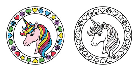 Cute colored pink unicorn with rainbow mane and black and white line art coloring page in circular decorative borders with hearts and stars © MstTabassum