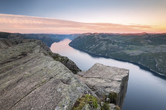 Rock Pulpit Preikestolen at the Lysefjord, evening mood, Rogaland, Norway
