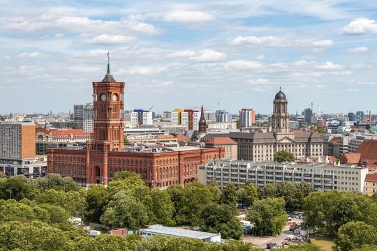 View of Red City Hall, headquarter of the Berlin Senate, on the right Old City Hall and Parochial Church, Berlin-Mitte, Berlin, Germany