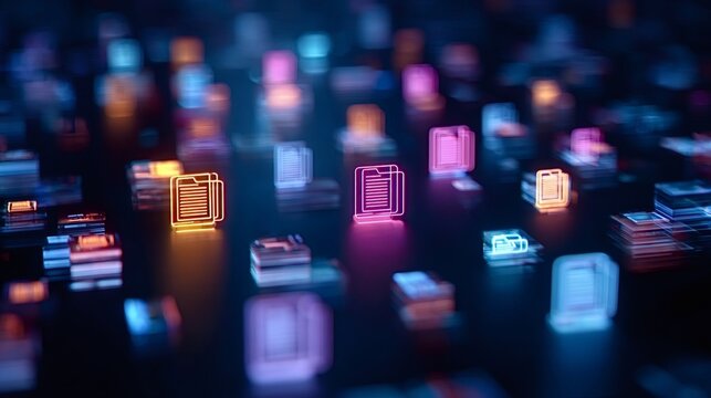 Glowing abstract digital document icons and file folders scattered across a dark background depicting secure cloud storage. Big data management. And internet networking in a modern futuristic concept