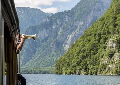 Trumpet for echo, Echowall at the K&ouml;nigssee, Berchtesgaden National Park, Berchtesgaden area, Upper Bavaria, Bavaria, Germany